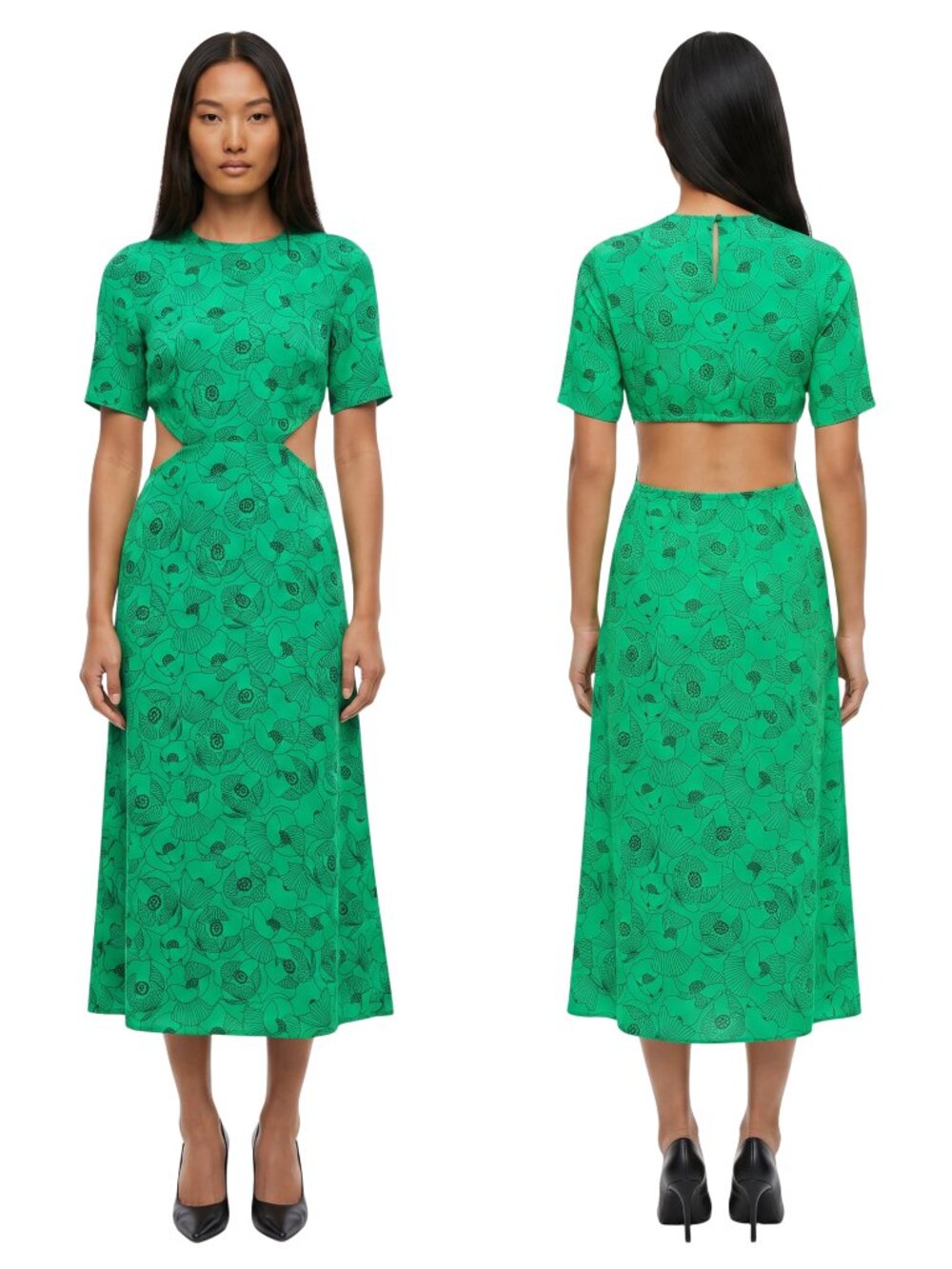 NWT The Kooples Graphic Poppies Green Cutout Midi Dress Size 3 / US 8 M-L